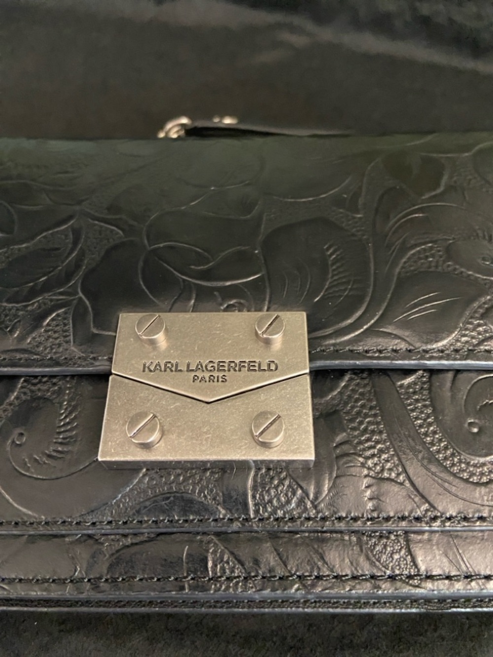 Karl Lagerfeld Black Leather Tooled Floral Crossbody Bag. - Picture 6 of 16